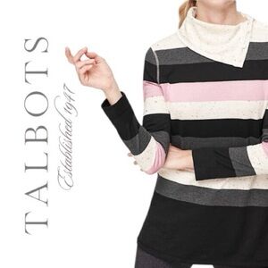 T by Talbots Rugby Striped Sweater Funnel Neck Turtleneck Black Pink Gray Sz LP